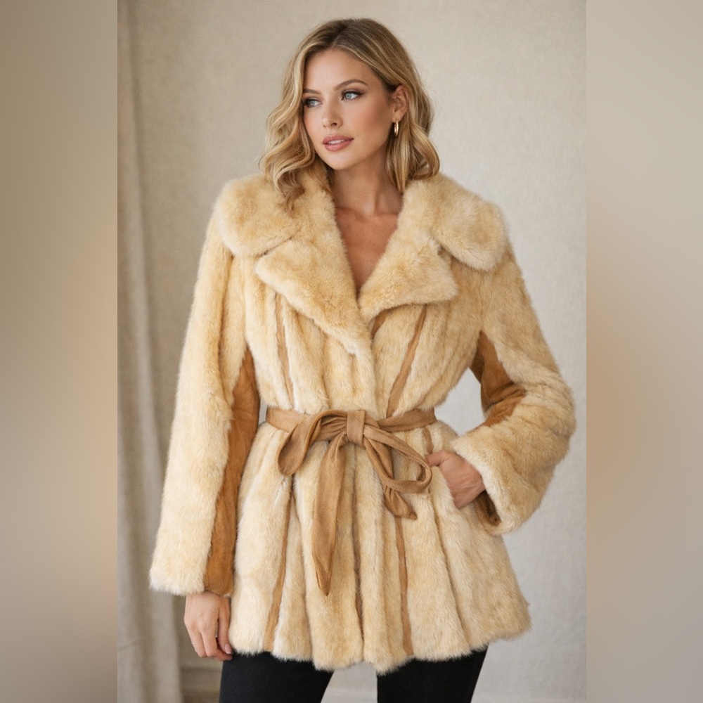 Vintage 70s Mink Fur Coat Tan Cream Belted Suede Panel Luxe Glam Old Hollywood